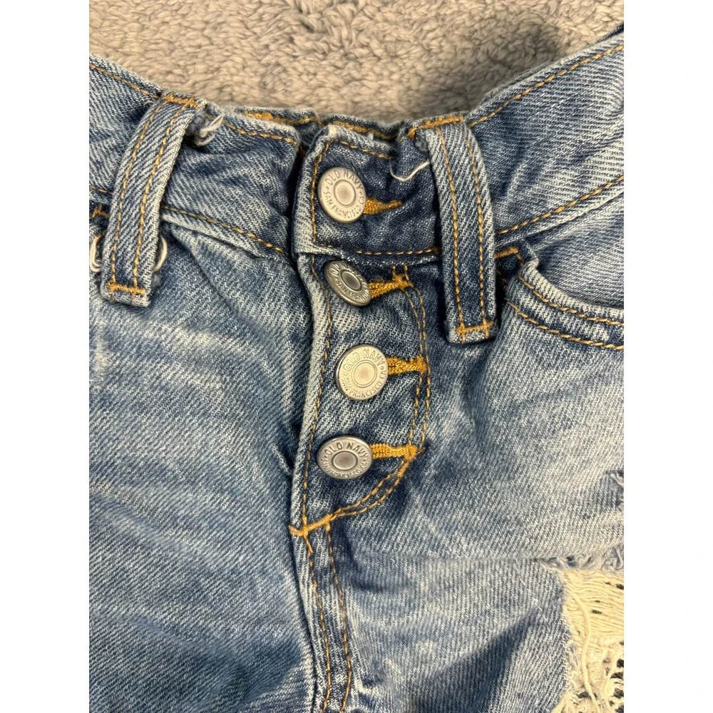 Old Navy Girls Blue Distressed Denim Shorts Crochet Lace Trim Button Fly Size 5